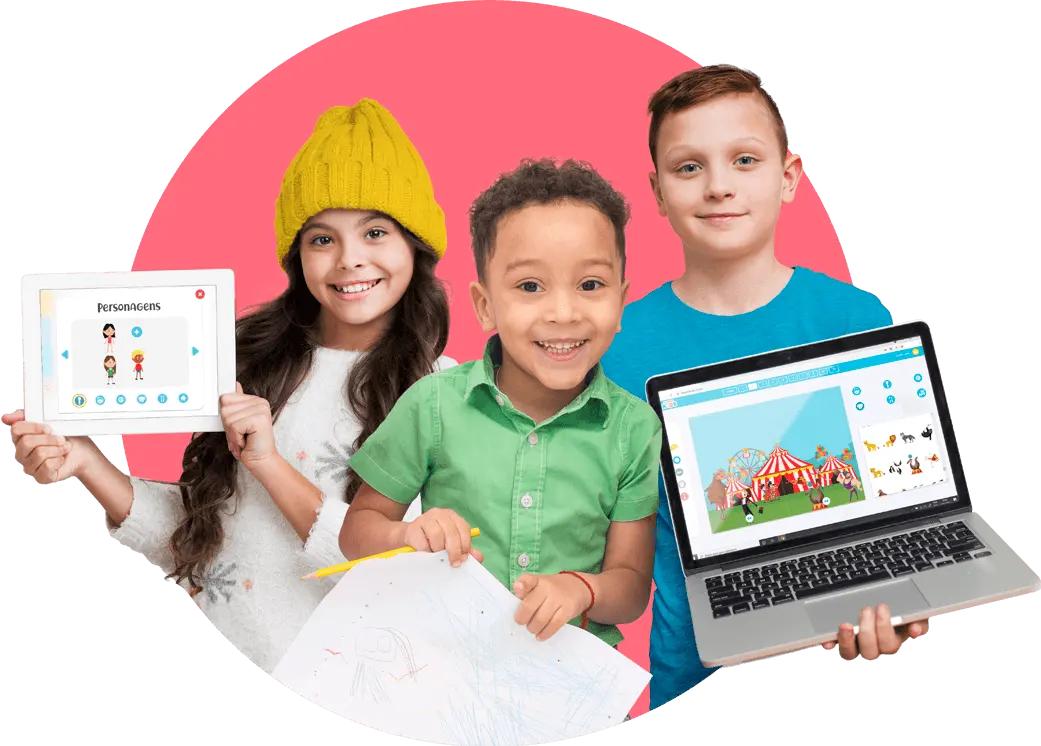 Foto de crianças mostrando produtos da imaginakids